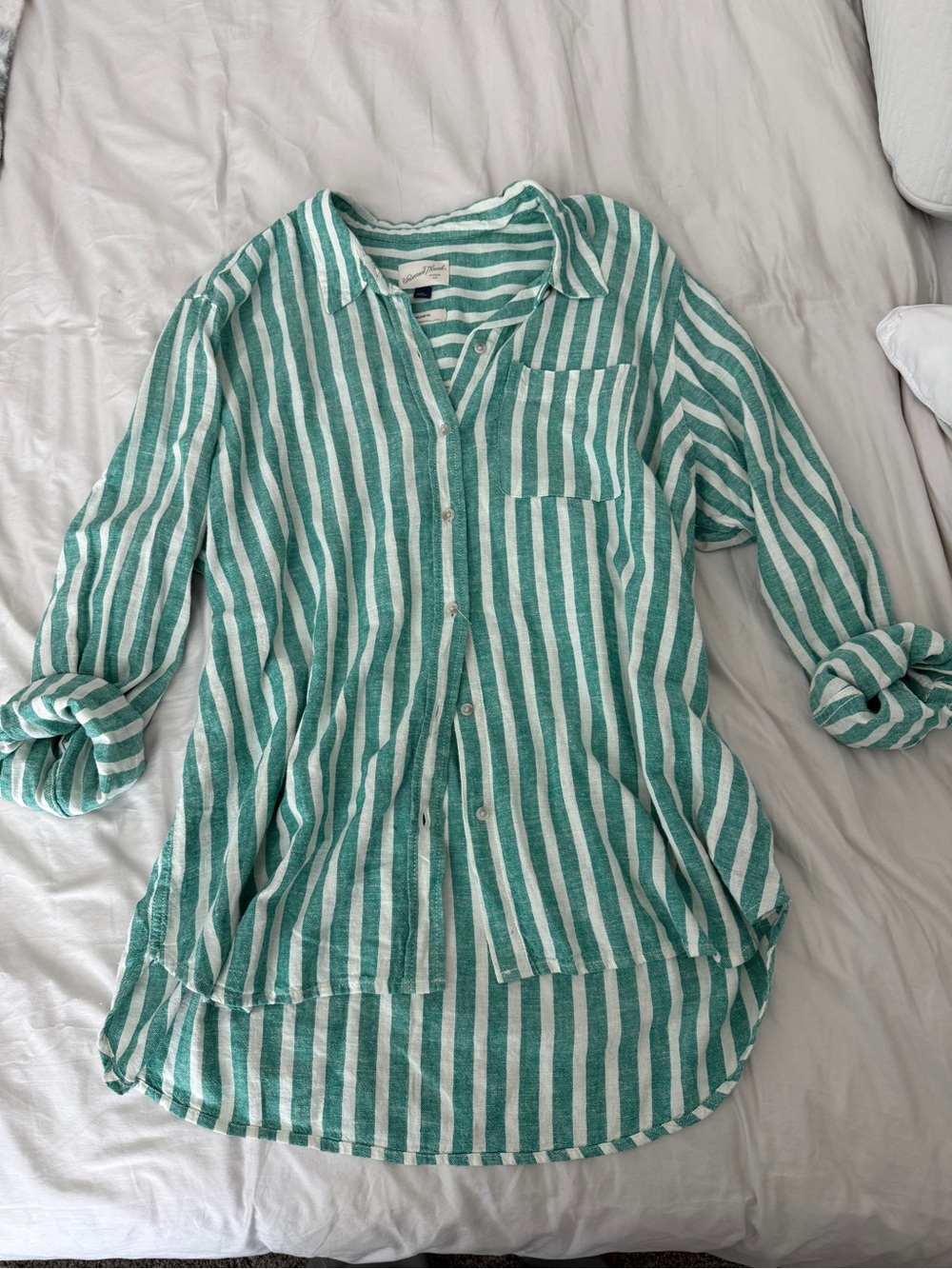 Universal Thread Green & White Striped Button-Down Shirt
